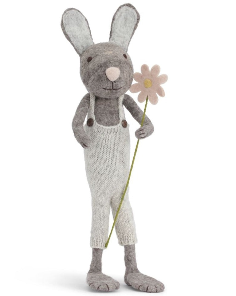 greige Extra Large Grey Felt Bunny with Dungarees and Flower - 60cm