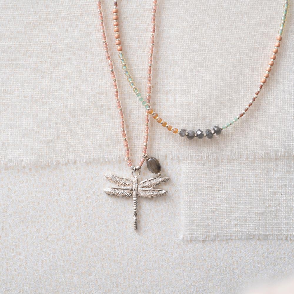 Greige Fantasy Labradorite Dragonfly Silver Coloured Necklace - A Beautiful Story