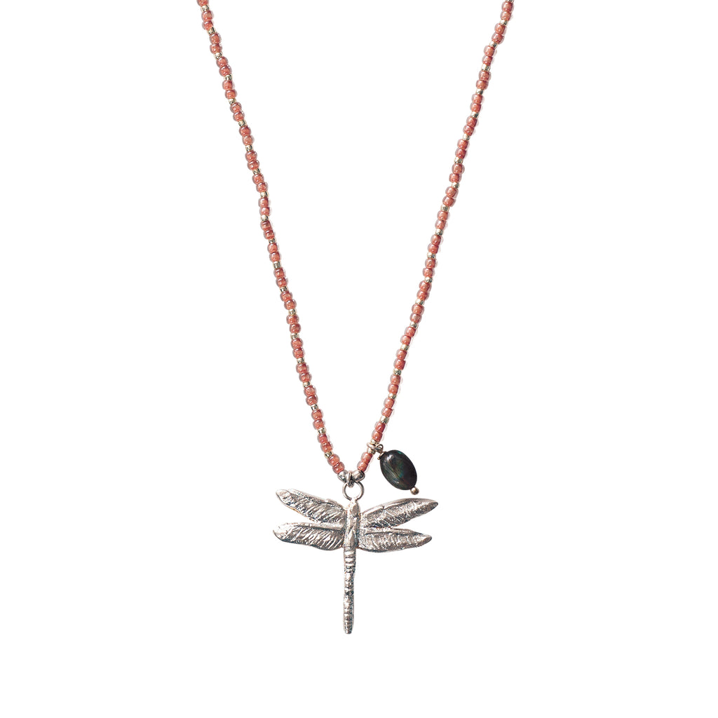 Greige Fantasy Labradorite Dragonfly Silver Coloured Necklace - A Beautiful Story