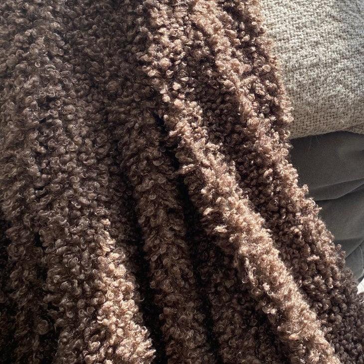Greige Faux Curly Sheepskin Blanket Or Throw - Dark Grey Dusky Pink Caramel