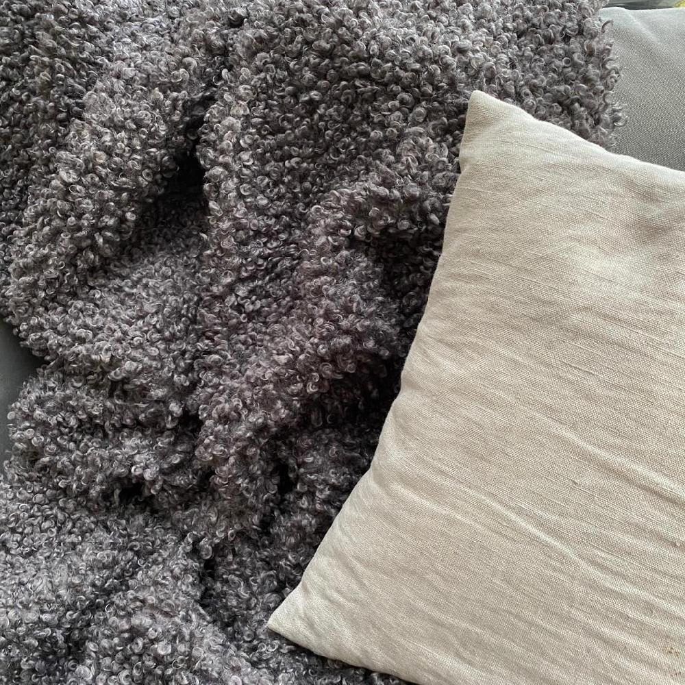 Greige Faux Curly Sheepskin Blanket Or Throw - Dark Grey Dusky Pink Caramel