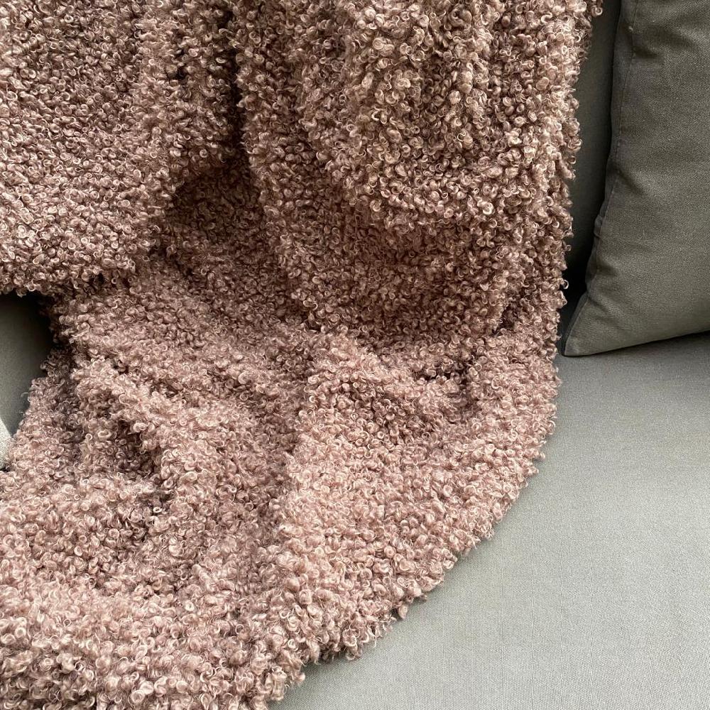 greige Faux Curly Sheepskin Blanket or Throw - Dark Grey Dusky Pink Caramel
