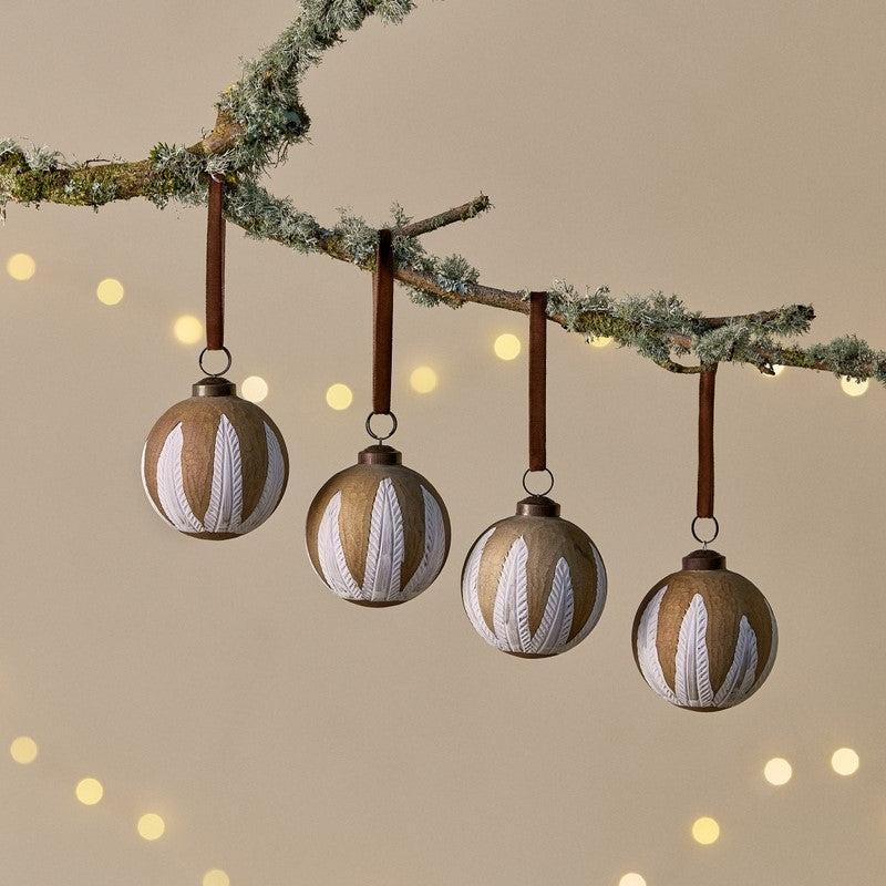 greige Feather Design Gold and Cream Decorative Baubles - Set of Four