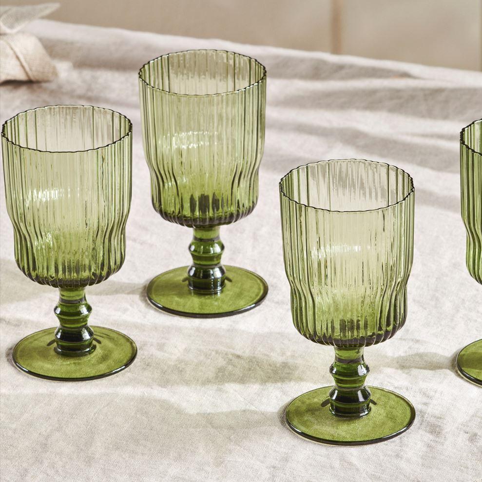 greige Fine Ribbed Glass Wine Glasses - Olive - Set of Four
