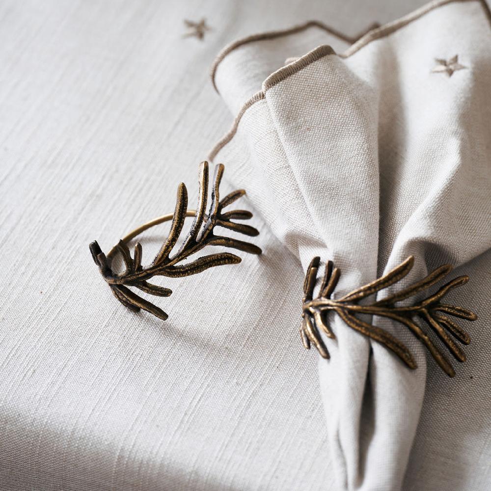 Greige Fir Sprig Napkin Rings - Antique Brass - Set Of Four
