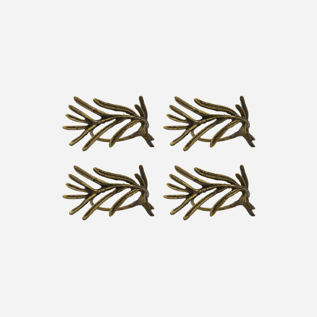 greige Fir Sprig Napkin Rings - Antique Brass - Set of Four