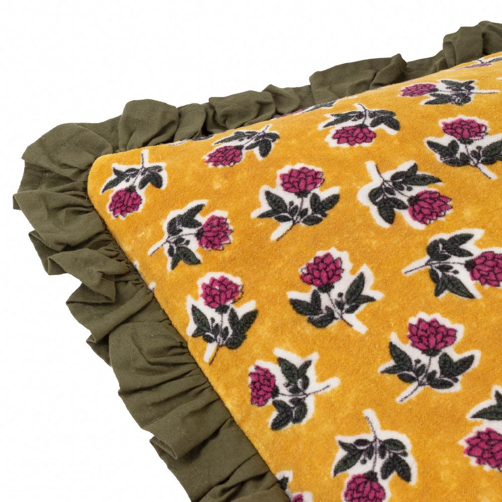 Greige Floral Cotton Velvet Cushion With Ruffled Trim - Golden