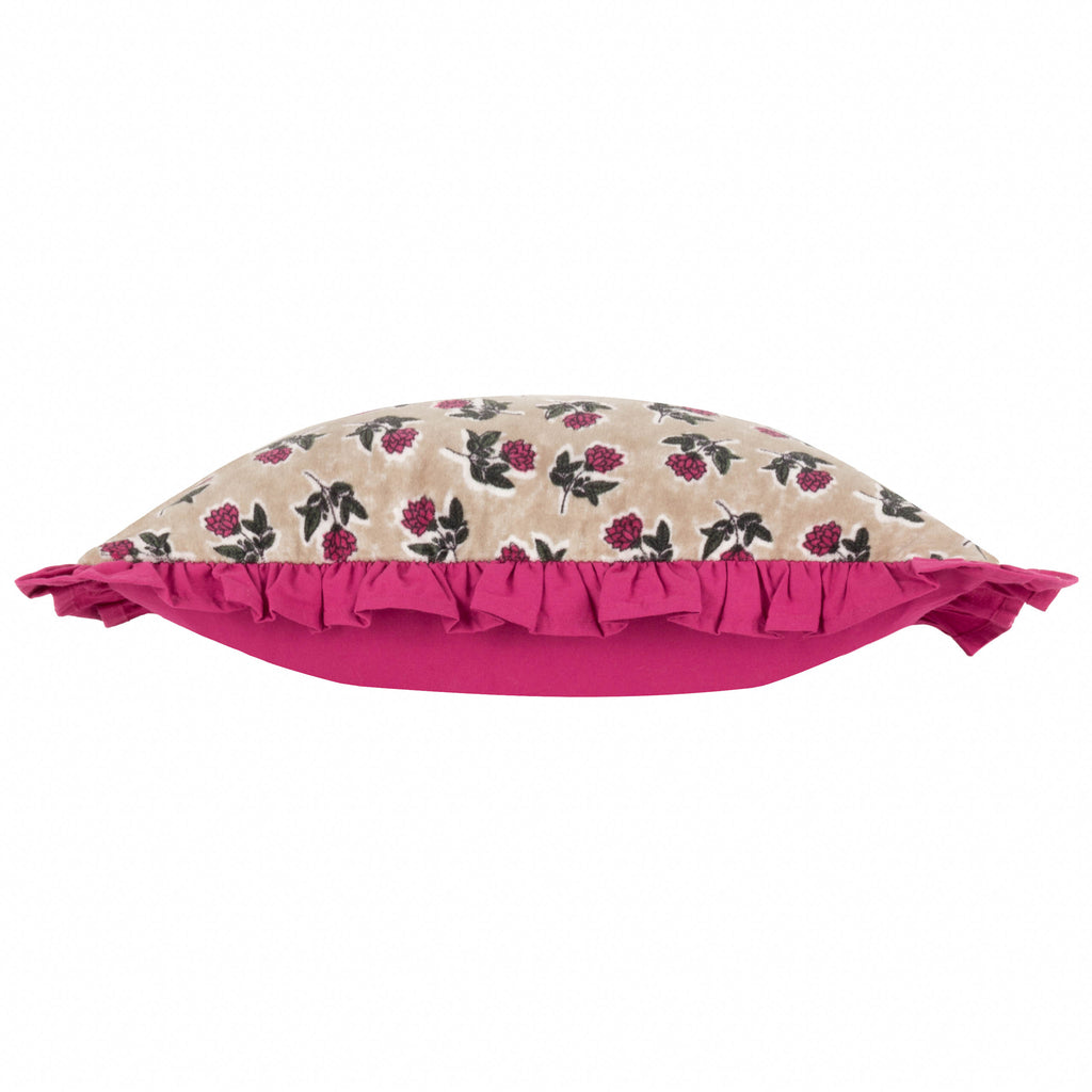 Greige Floral Cotton Velvet Cushion With Ruffled Trim - Violet/Cerise