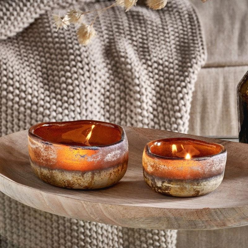 greige Frosted Amber Glass Tealight Holder - Set of Two