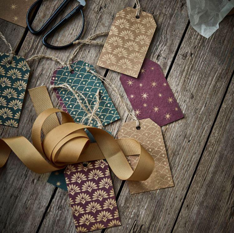 greige Gift Tags with String - Gold Green and Dark Red