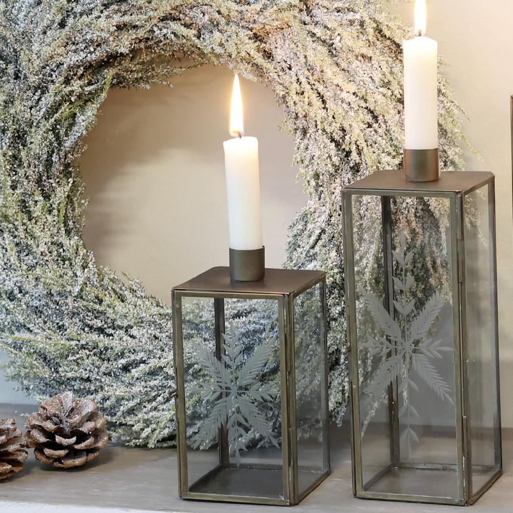 greige Glass Box Candle Holder with Etched Snowflake - Two Sizes