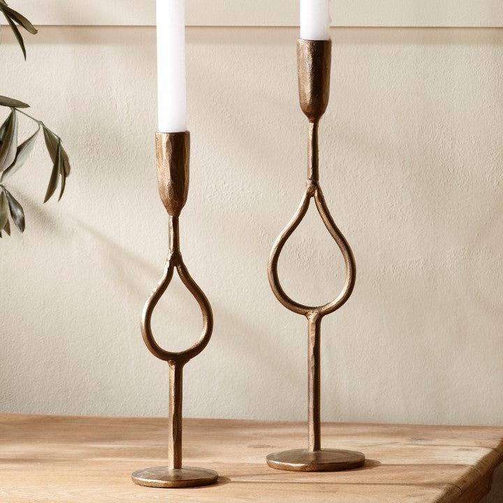 Greige Golden Hand Forged Iron Teardrop Candlestick - Two Sizes