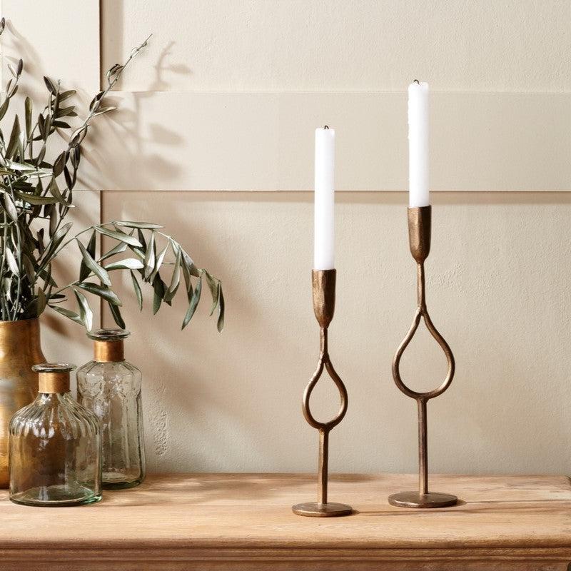 Greige Golden Hand Forged Iron Teardrop Candlestick - Two Sizes