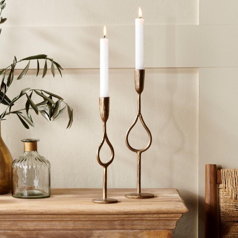 Greige Golden Hand Forged Iron Teardrop Candlestick - Two Sizes