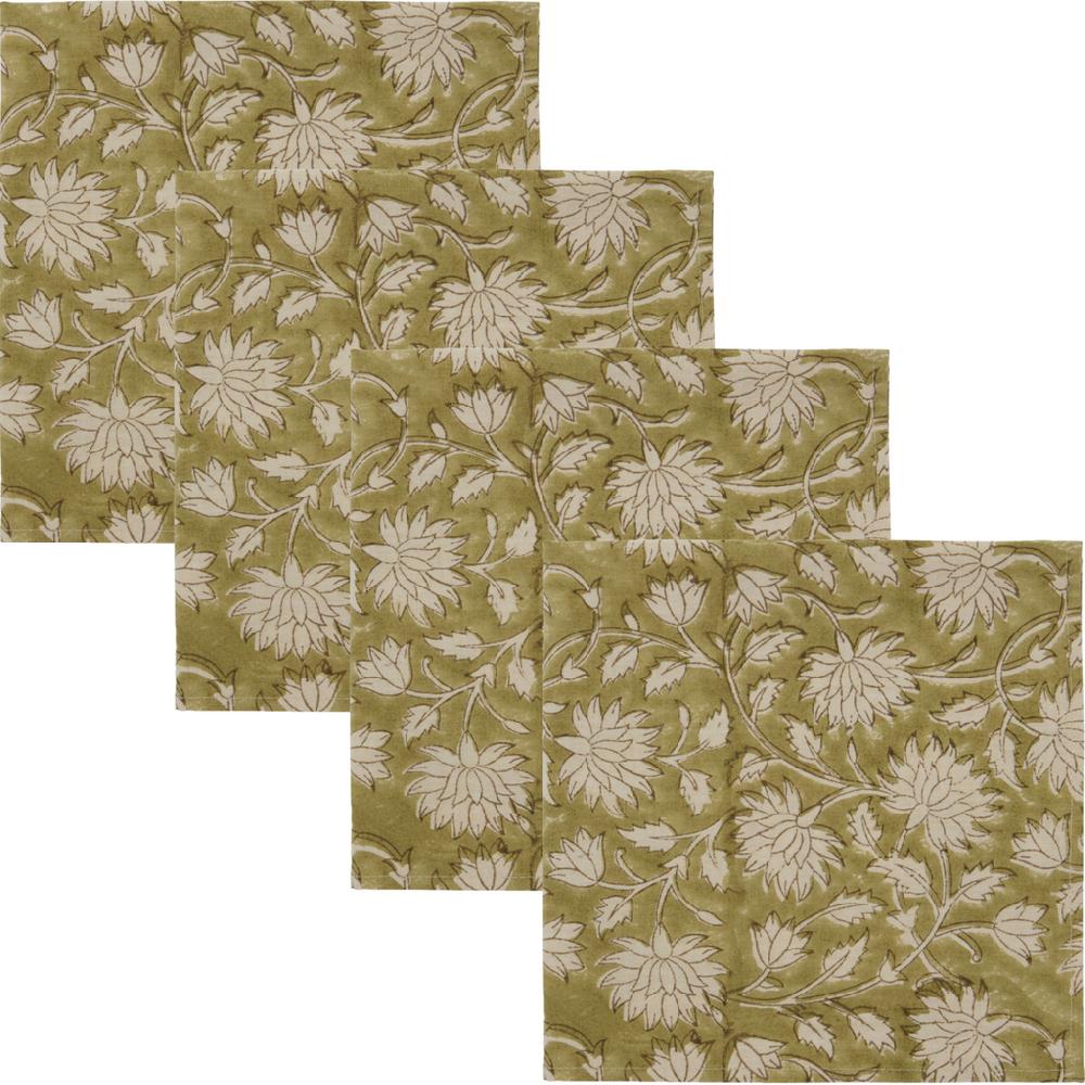 Greige Green Floral Hand-Printed Cotton Napkins - Set Of Four
