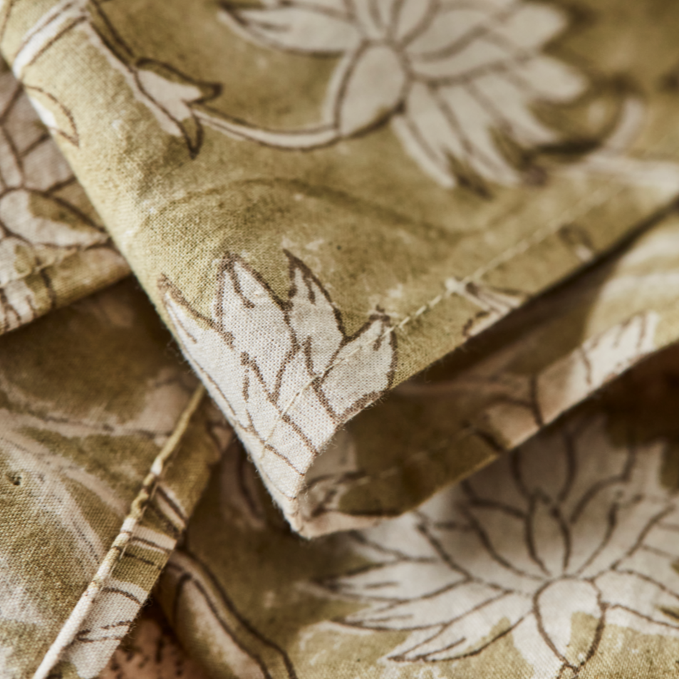 Greige Green Floral Hand-Printed Cotton Napkins - Set Of Four