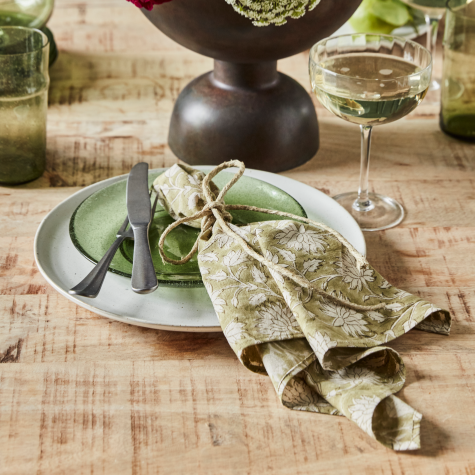 greige Green Floral Hand-Printed Cotton Napkins - Set of Four