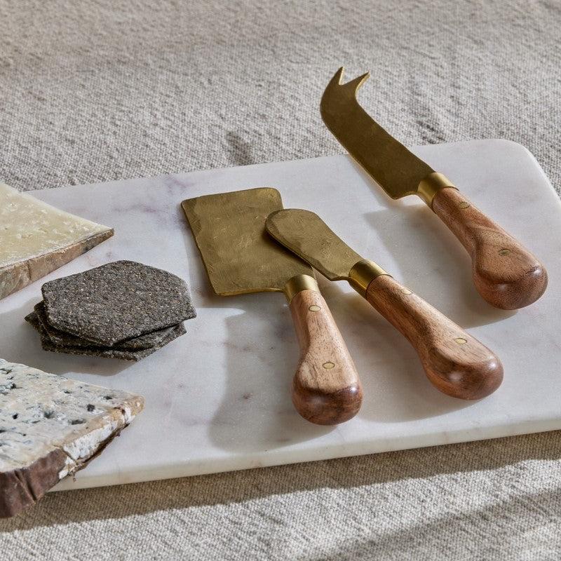 Greige Acacia Wood And Gold Cheese Knife Set