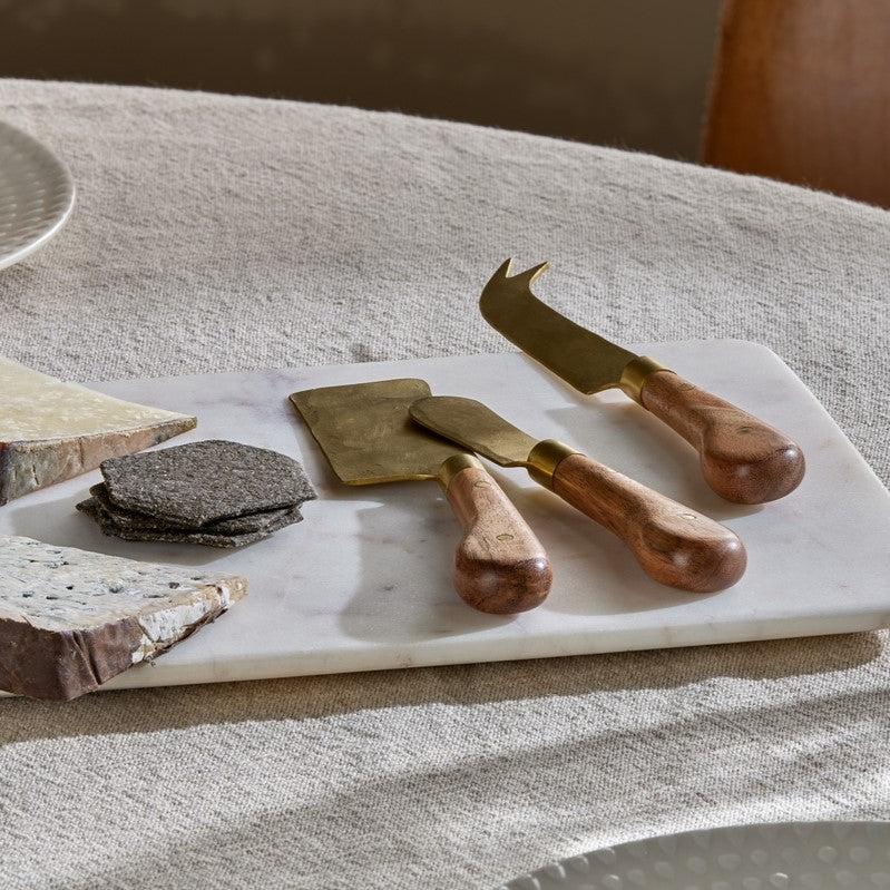 greige Acacia Wood and Gold Cheese Knife Set