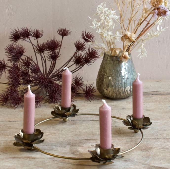 greige Antique Brass Flower Wreath Candle Holder