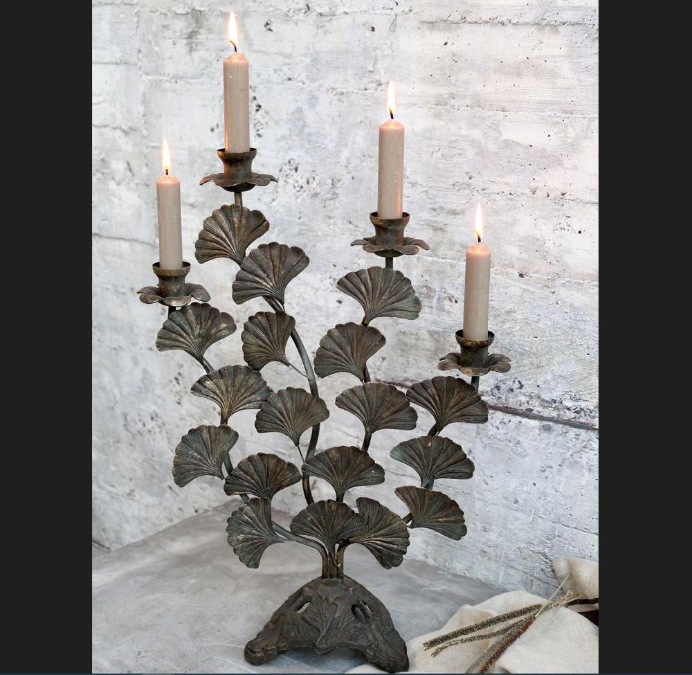 Greige Antique Brass Ginkgo Leaf Candelabra