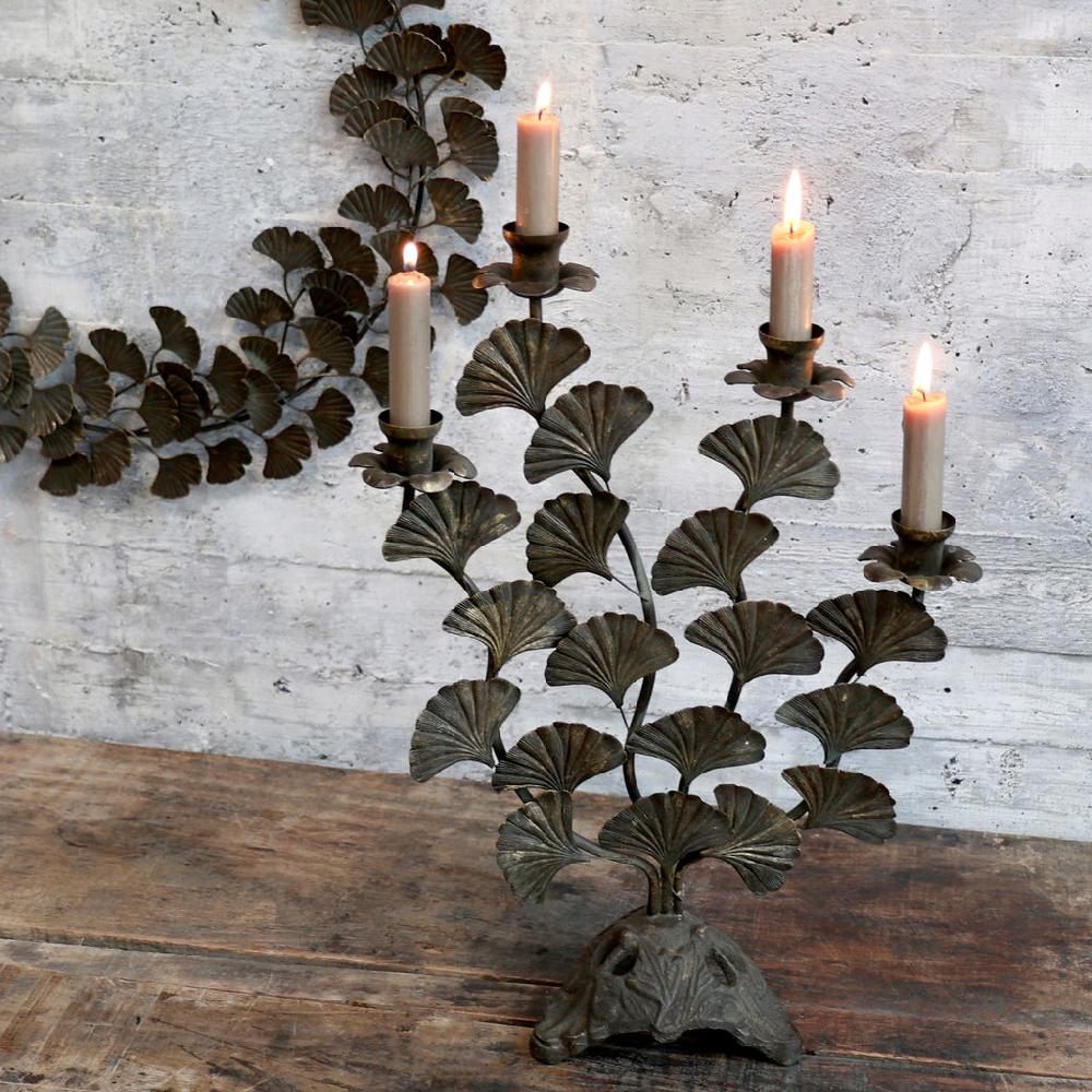 greige Antique Brass Ginkgo Leaf Candelabra