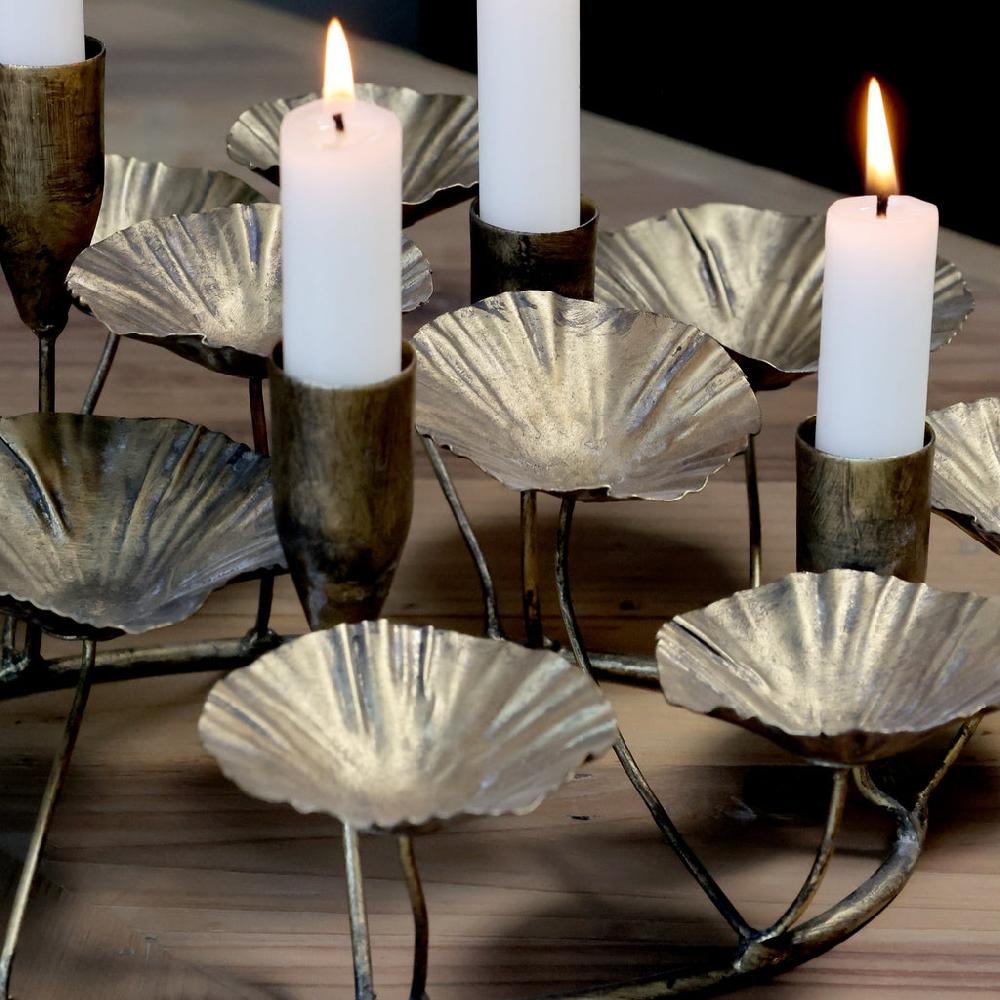 Greige Antique Brass Leaf Low Candelabra