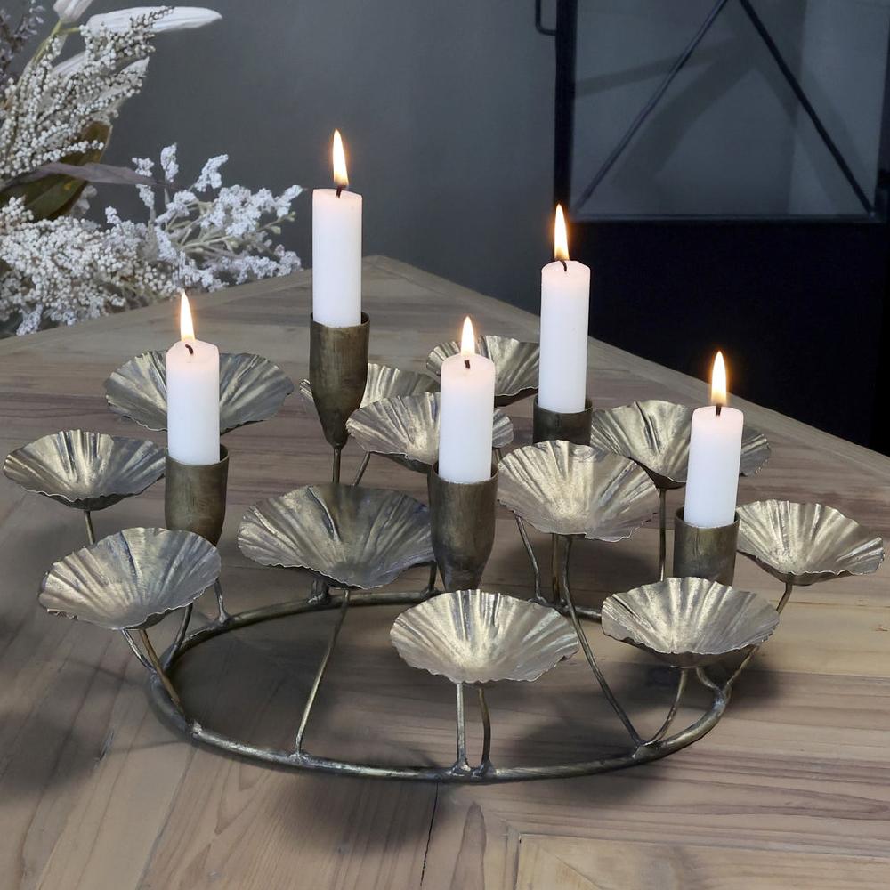 Greige Antique Brass Leaf Low Candelabra