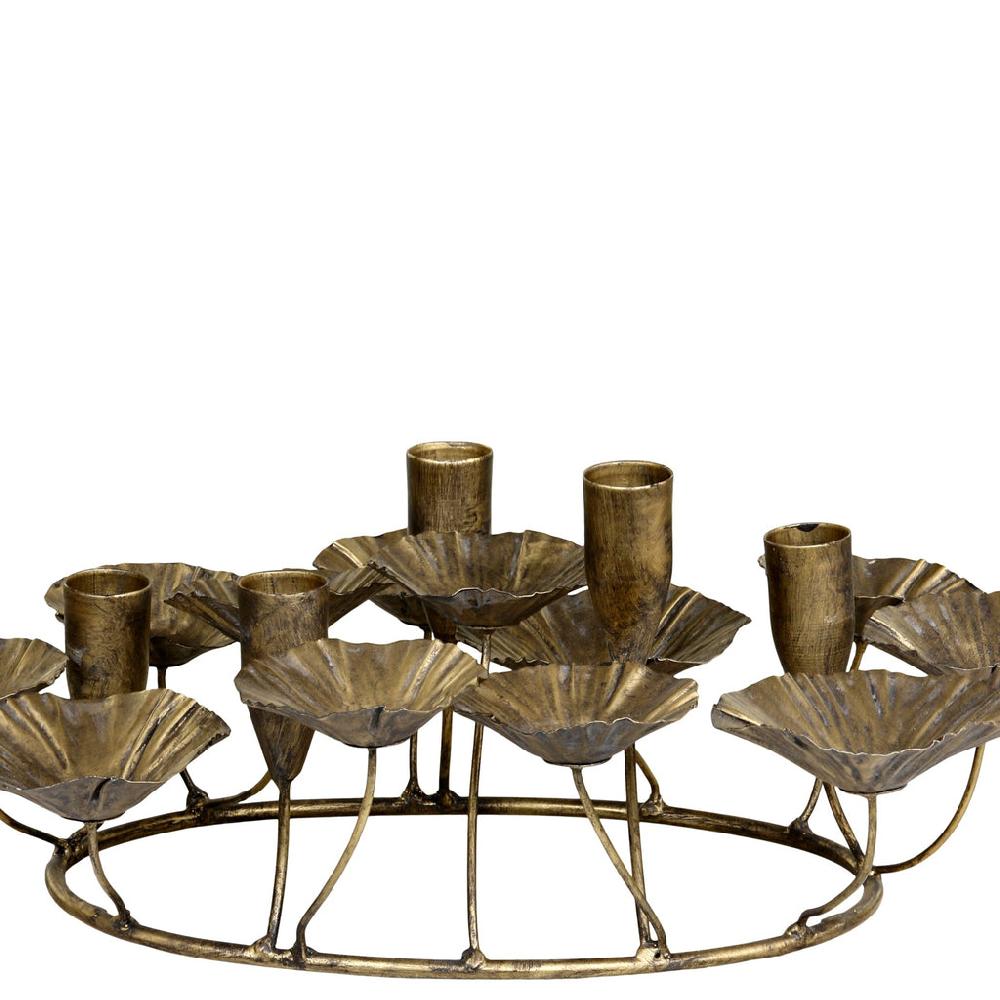 Greige Antique Brass Leaf Low Candelabra