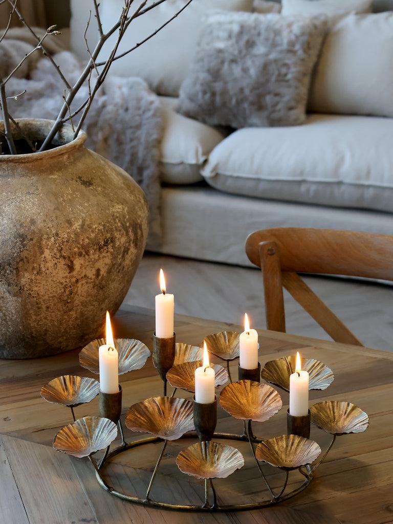 greige Antique Brass Leaf Low Candelabra