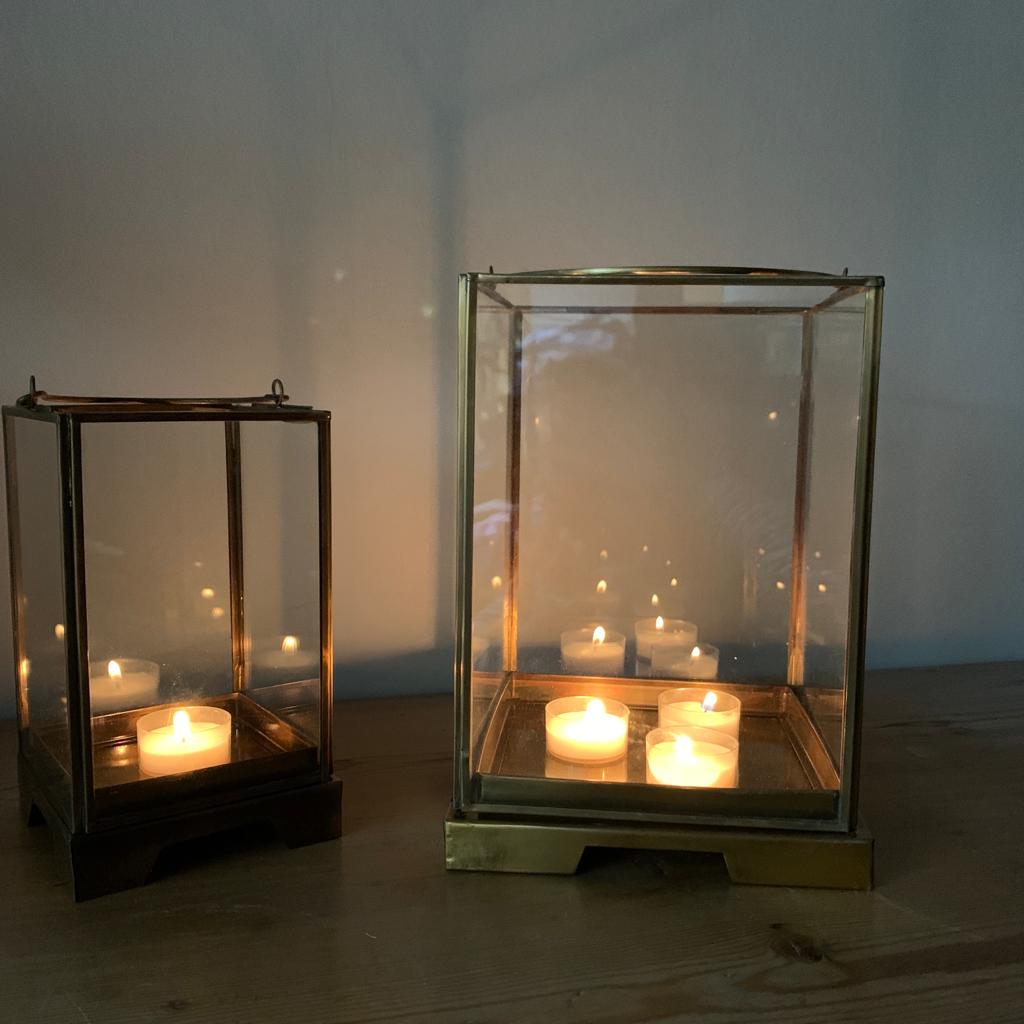 Greige Antique Effect Brass Box Lanterns - Two Sizes