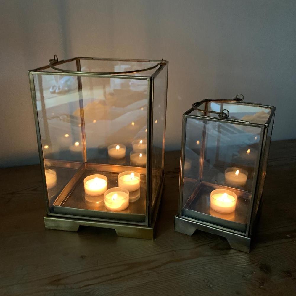 greige Antique Effect Brass Box Lanterns - two sizes