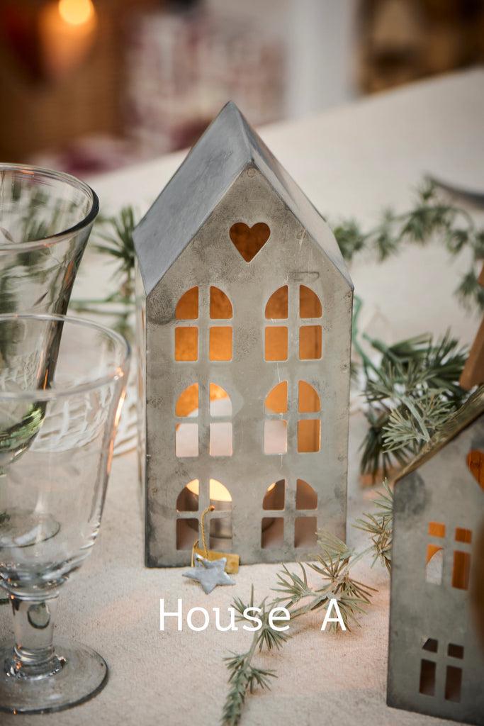 Greige Antique Zinc And Brass Tealight Houses - Tall