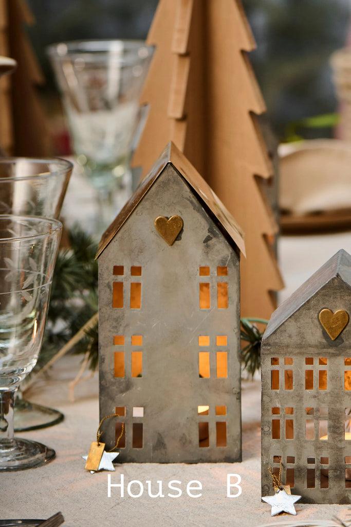 Greige Antique Zinc And Brass Tealight Houses - Tall