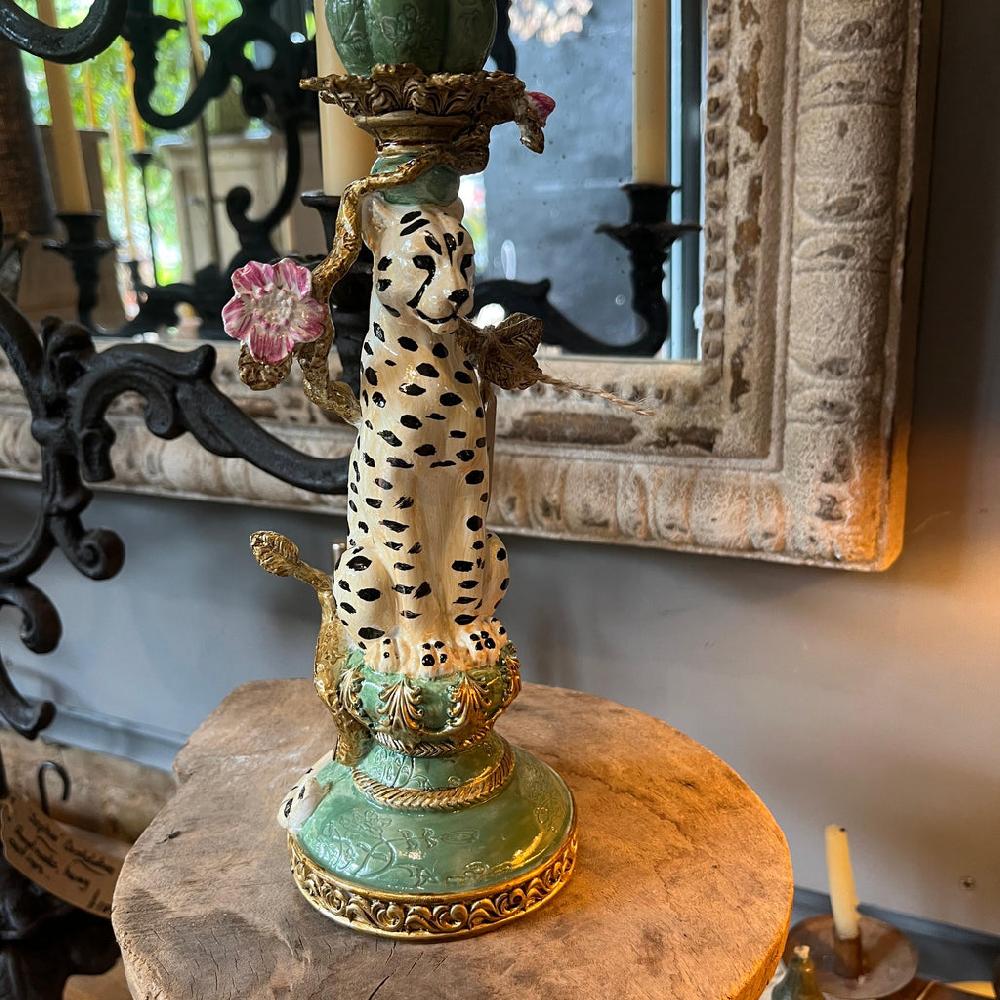 Greige Antiqued Ornate Leopard Candle Holder