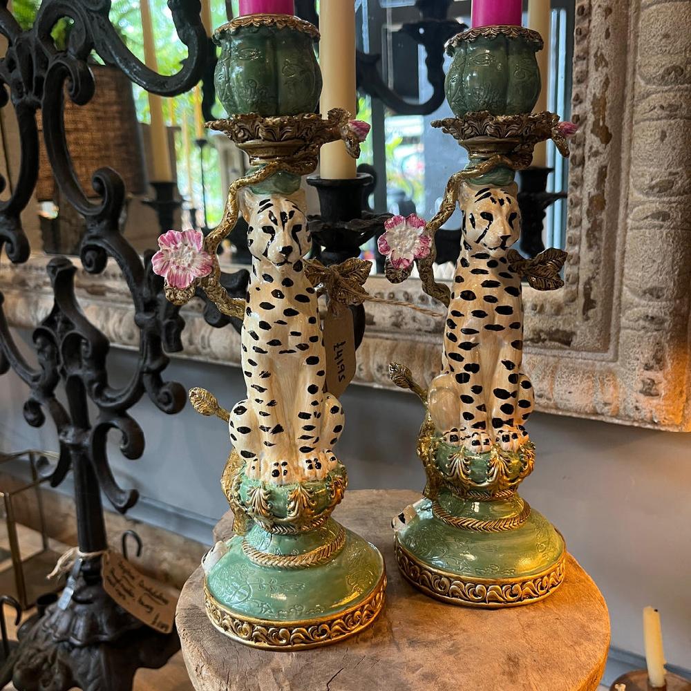 Greige Antiqued Ornate Leopard Candle Holder