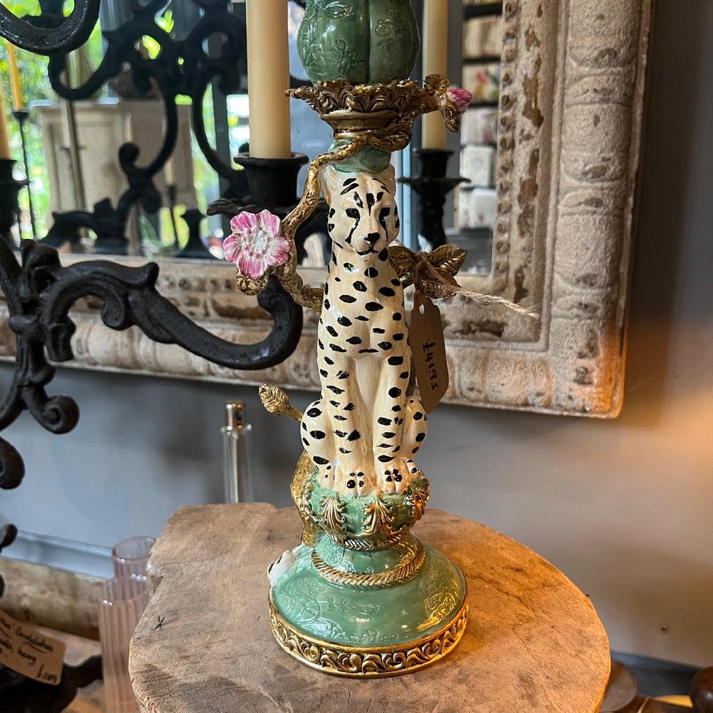 greige Antiqued Ornate Leopard Candle Holder