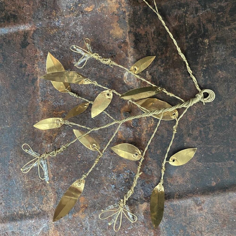 Greige Beaded Brass Flower & Leaf Branch - Walther & Co