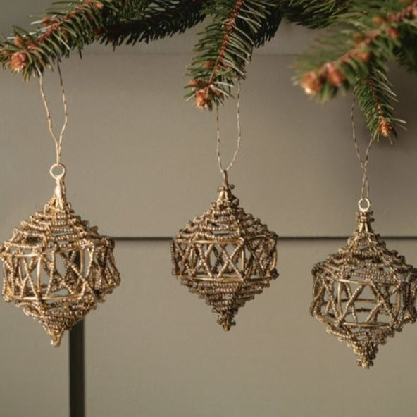 Greige Beaded Brass Wire Baubles - Set Of Three
