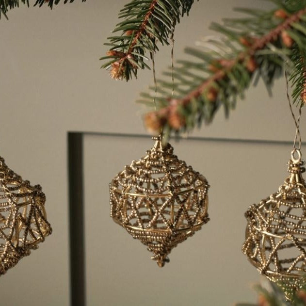 greige Beaded Brass Wire Baubles - Set of Three