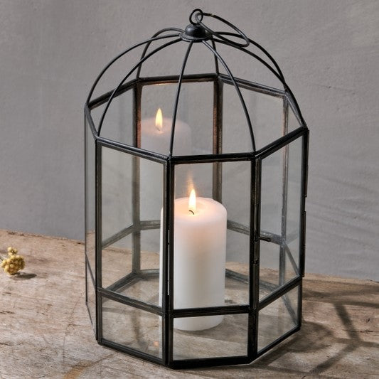 Greige Birdcage Style Metal And Glass Lantern