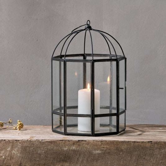 greige Birdcage Style Metal and Glass Lantern