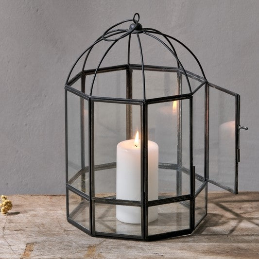 Greige Birdcage Style Metal And Glass Lantern