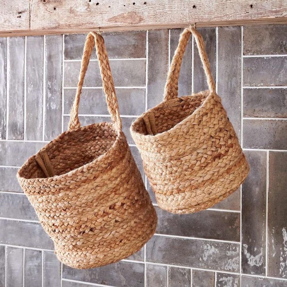 Greige Braided Hemp Hanging Basket - Wide - Two Sizes