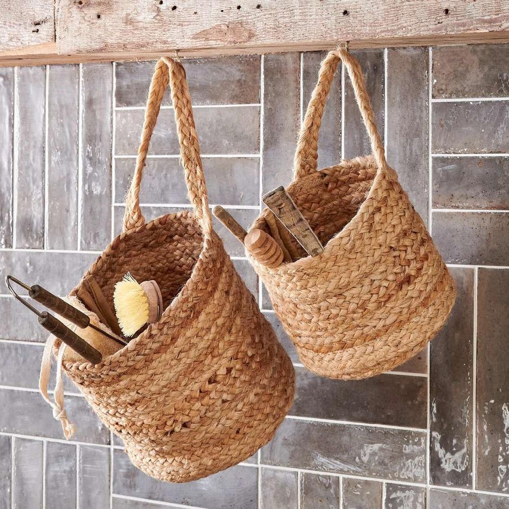 greige Braided Hemp Hanging Basket - Wide - Two Sizes