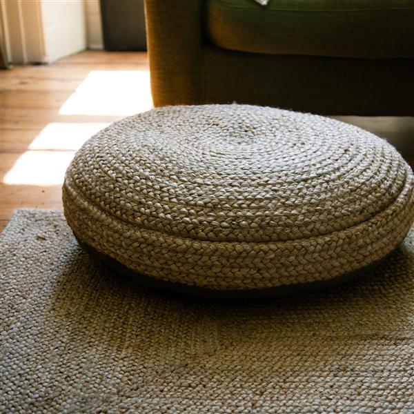 Greige Braided Hemp Pouf - Pouffe