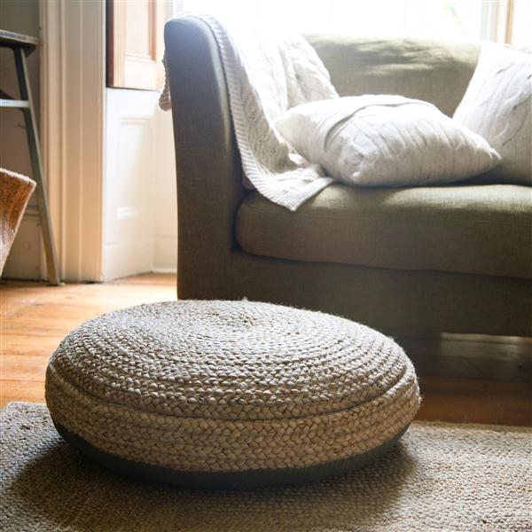 Greige Braided Hemp Pouf - Pouffe