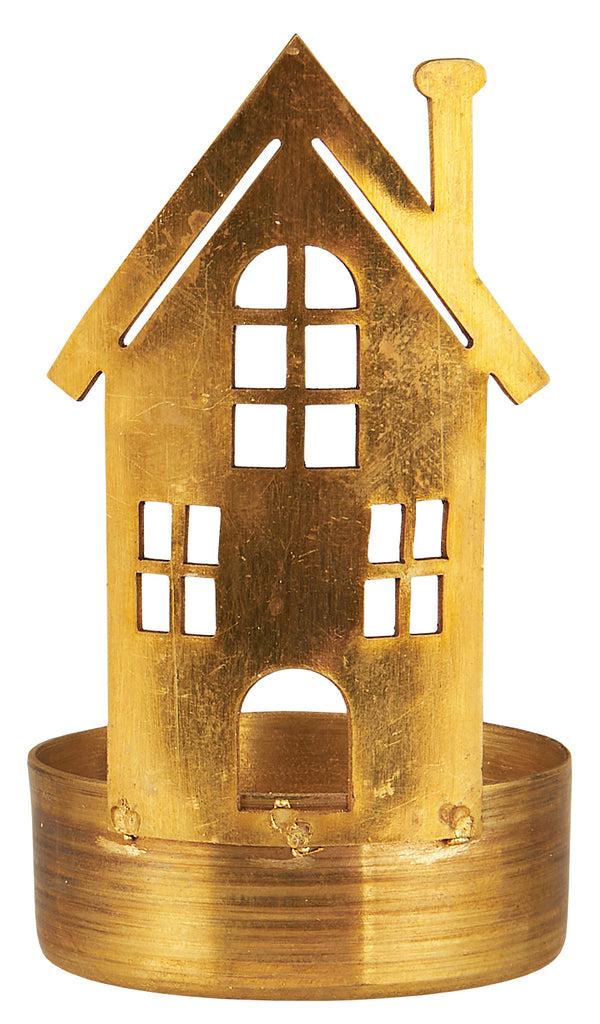 Greige Brass House Tealight Holder