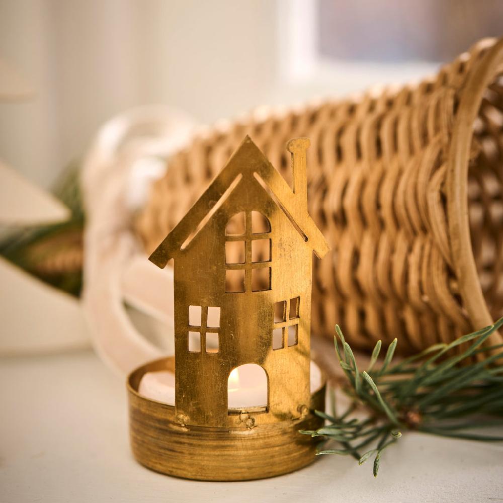 greige Brass House Tealight Holder