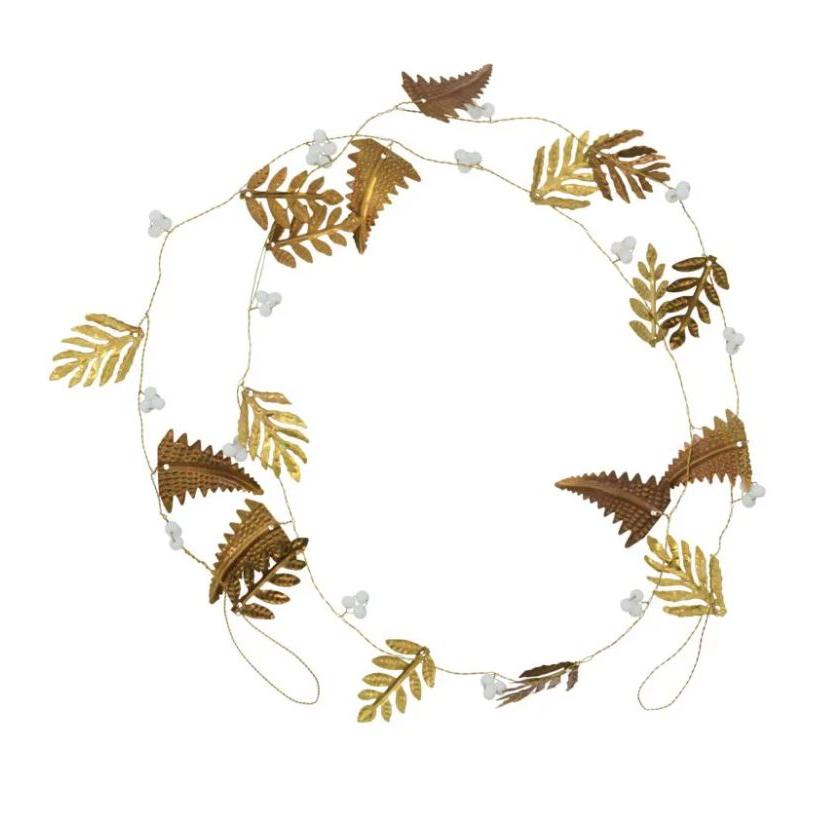 Greige Brass Leaf And White Bead Garland